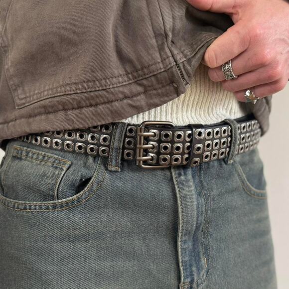 vintage black silver rivet american western cowboy boho belt - Picture 4 of 10